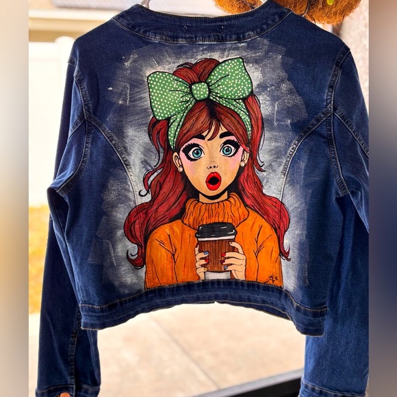 Hand Painted Jean Jacket with Vibrant Graphic Design - Picture 1 of 11